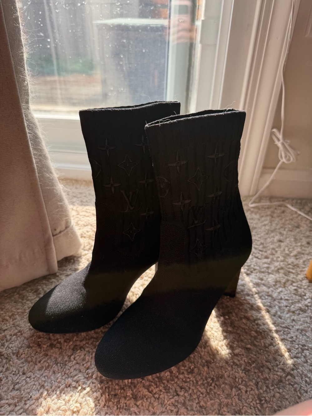 Louis Vuitton Black Knit Mid-Heel Sock Boots with Monogram